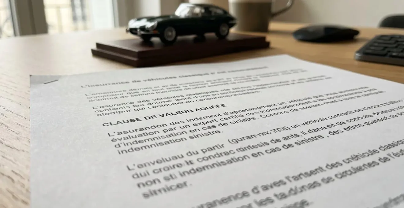Vue rapprochée d'un document de contrat d'assurance posé sur une surface de bureau contemporaine, avec mise au point sur des termes partiellement flous en français