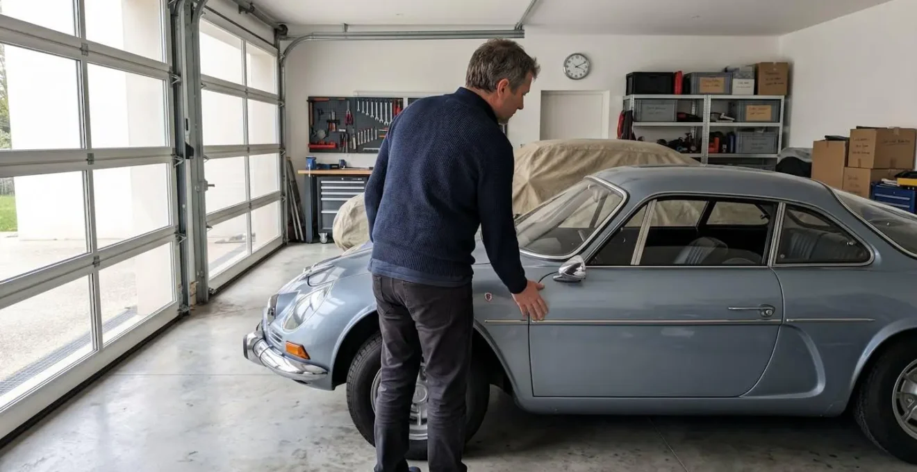 Un collectionneur examine attentivement la carrosserie latérale de sa voiture ancienne dans un garage privé lumineux, vu de profil en train de vérifier l'état de la peinture