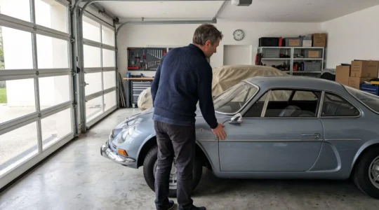 Un collectionneur examine attentivement la carrosserie latérale de sa voiture ancienne dans un garage privé lumineux, vu de profil en train de vérifier l'état de la peinture