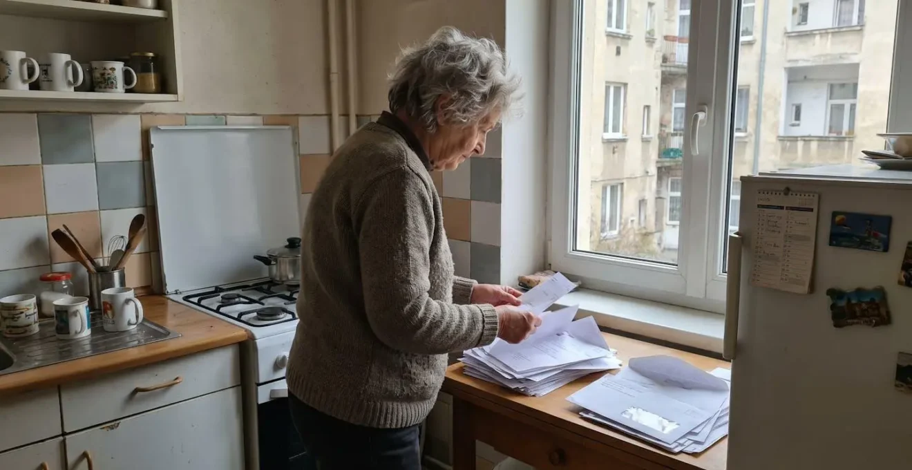 Une femme senior dans sa cuisine consulte des factures et relevés bancaires posés sur le plan de travail, lumière naturelle matinale