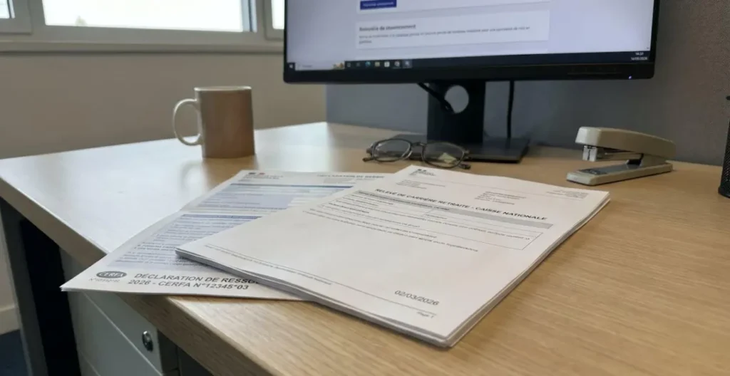 Gros plan sur des documents administratifs français posés sur un bureau, dont un relevé de pension de retraite et un formulaire de déclaration de ressources Gros plan sur des documents administratifs français posés sur un bureau, dont un relevé de pension de retraite et un formulaire de déclaration de ressources